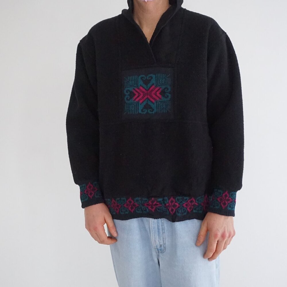 VTG Alps Black Southwestern Heart Geometric Pattern Fleece Pullover Sweatshirt L